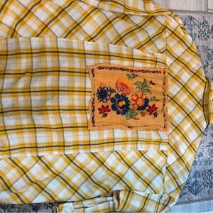 Yellow Plaid Button Down Shirt with Floral Embroidery